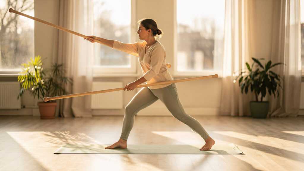 Pratique douce de Sword Yoga avec bâton en bois dans un studio lumineux