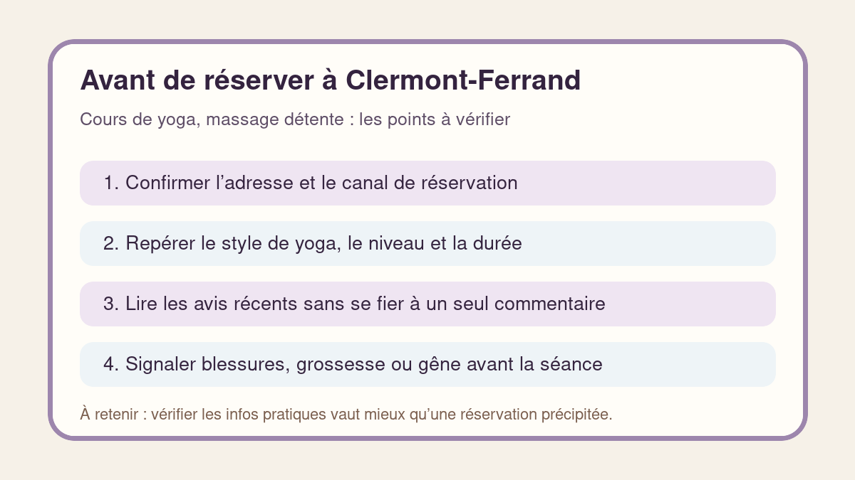 Checklist avant de réserver Dharma Yoga et Dharma Détente Massage à Clermont-Ferrand