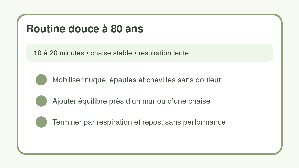 Routine de yoga douce à 80 ans avec chaise stable et respiration lente