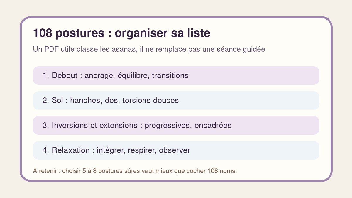 Repères pour organiser une liste PDF des 108 postures du yoga