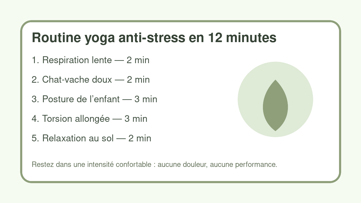 Routine yoga stress en 12 minutes avec respiration, postures douces et relaxation