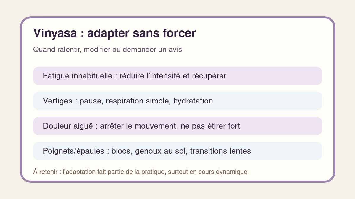 Repères pour adapter un cours de Vinyasa en cas de fatigue ou de douleur