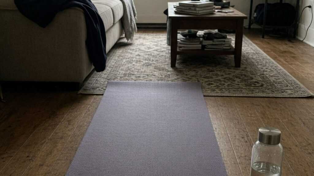 Tapis de yoga et bouteille d’eau dans un intérieur, contexte sport et bien-être pour lire Sportrip.fr avec recul