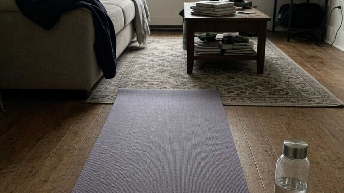 Tapis de yoga et bouteille d’eau dans un intérieur, contexte sport et bien-être pour lire Sportrip.fr avec recul