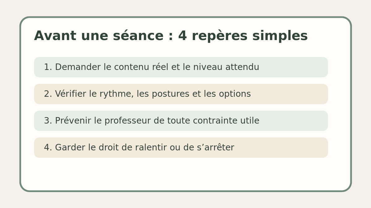 Checklist pour choisir une première séance de Yoga Unbound : contenu, niveau, adaptations et droit de ralentir